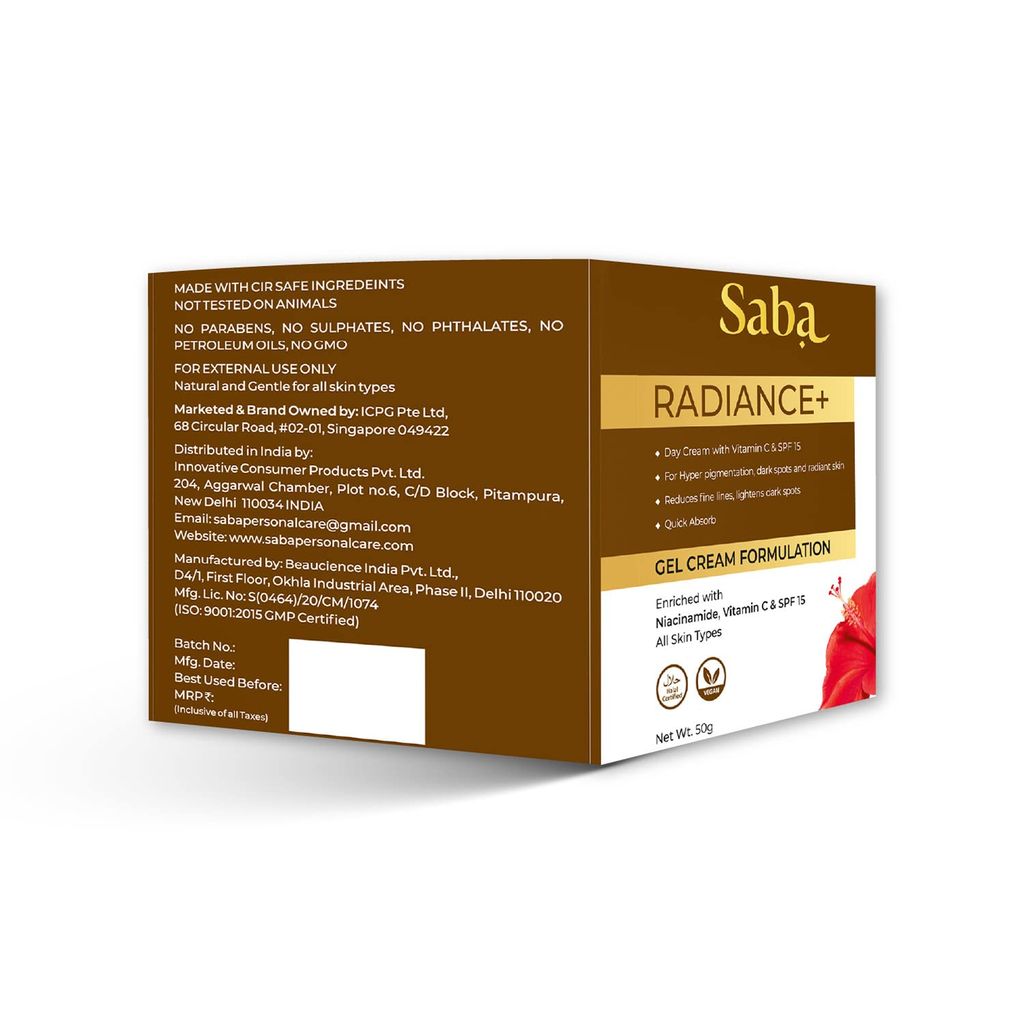 Saba Radiance+ Day Cream with Niacinamide, Vitamin C & SPF 15 | 50g