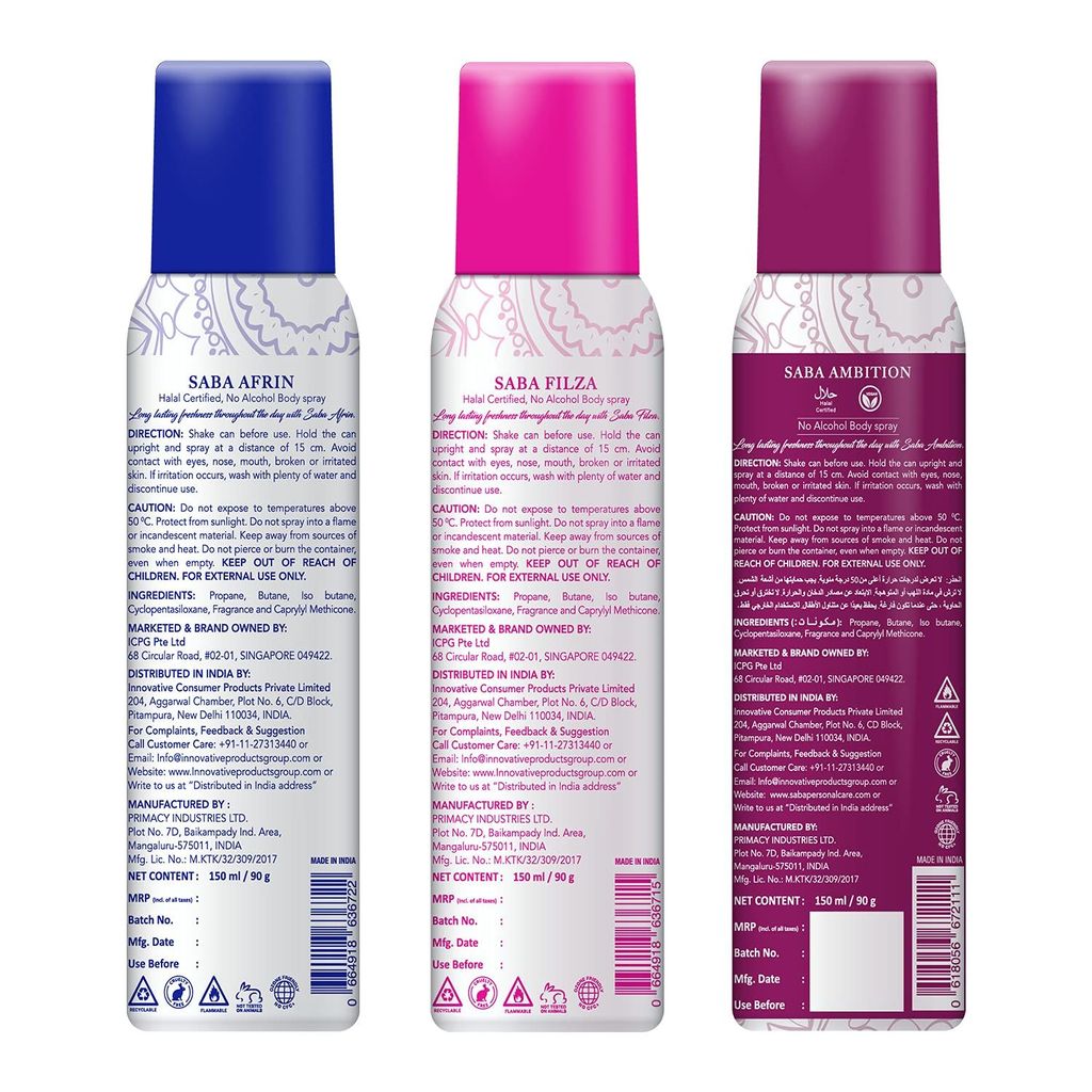 SABA Deodorant No Alcohol Body Spray Pack of 3