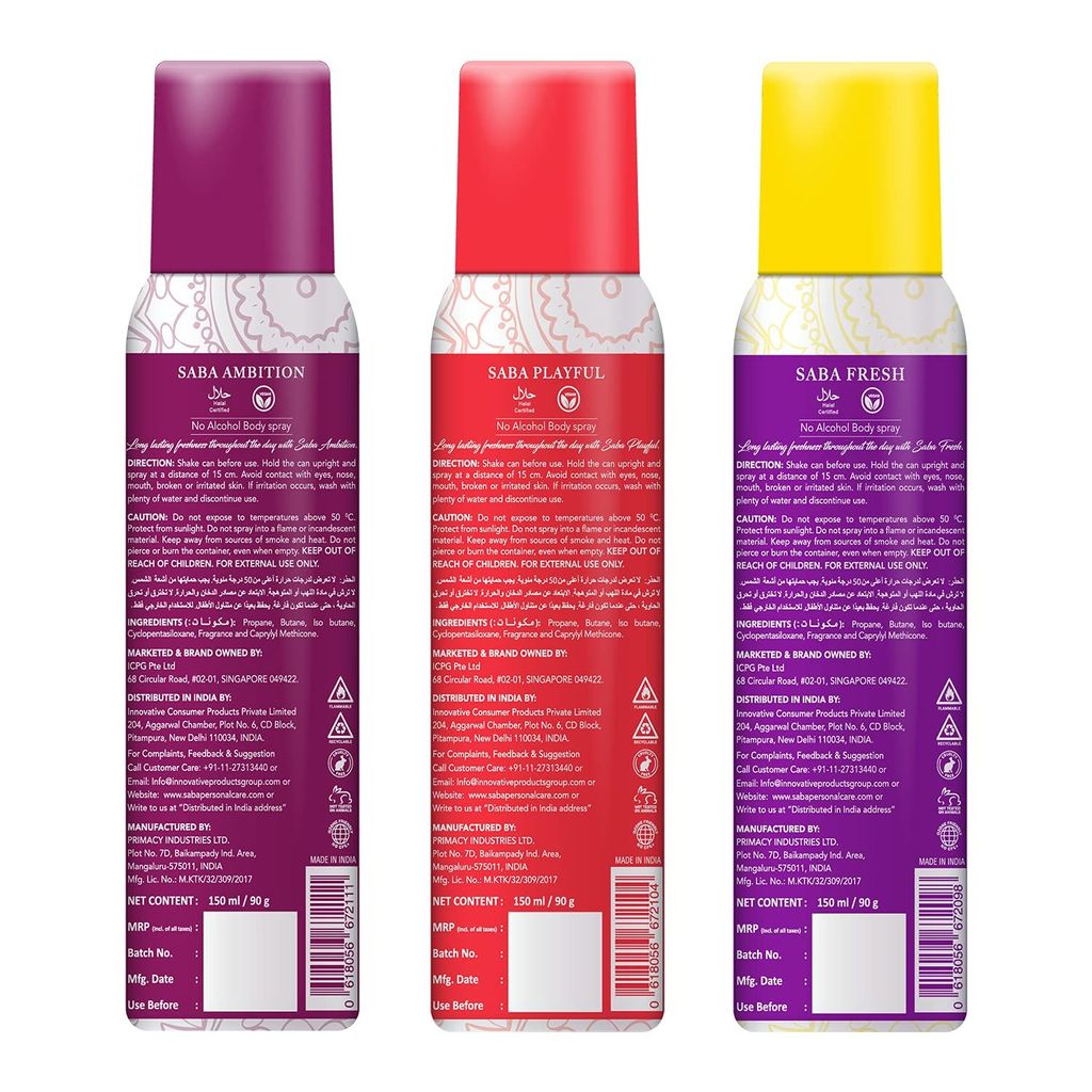 SABA Deodorant No Alcohol Body Spray Pack of 3
