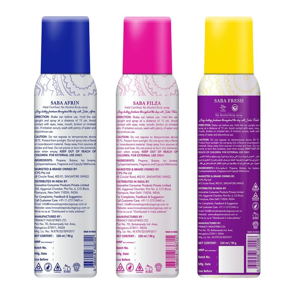 SABA Deodorant No Alcohol Body Spray Pack of 3