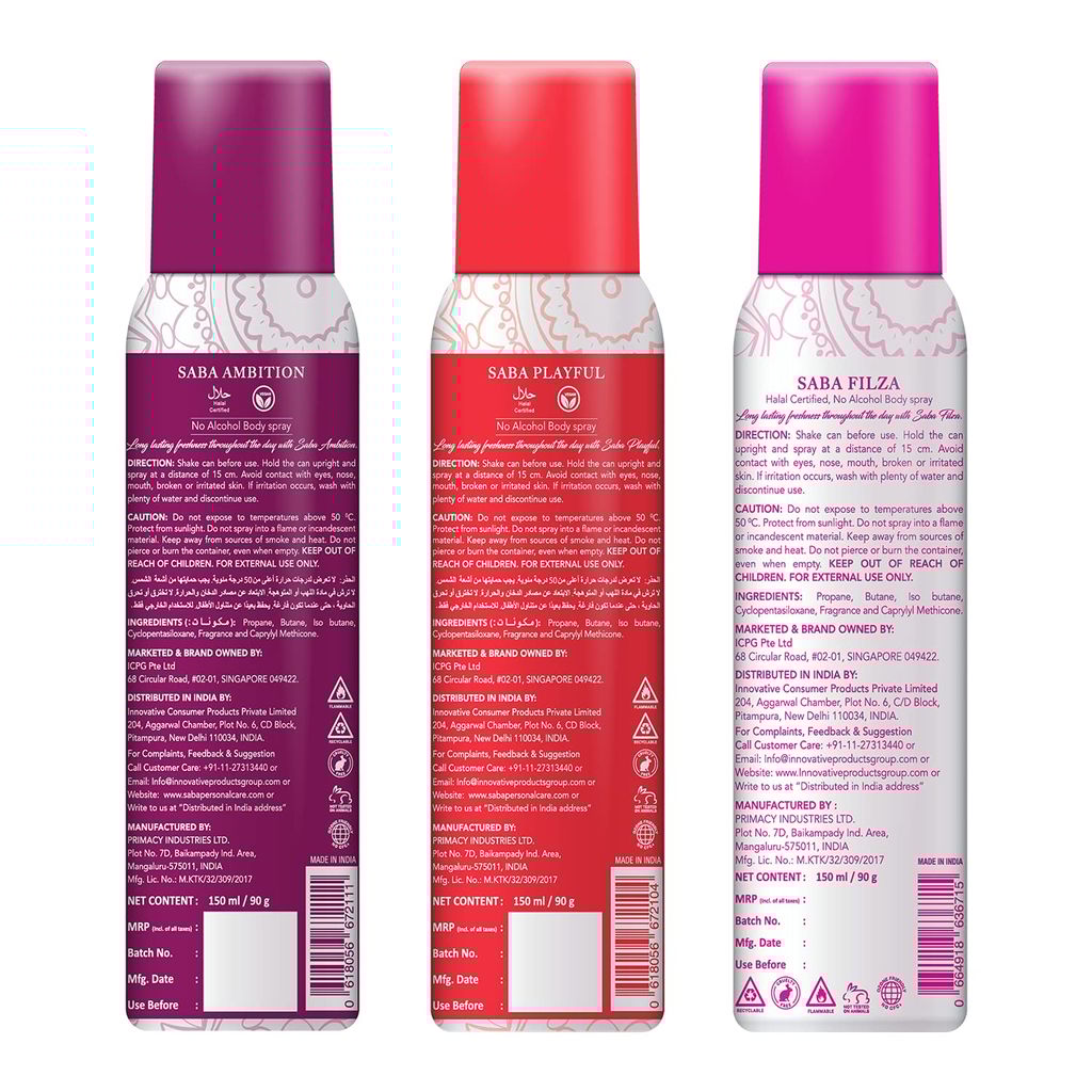 SABA Deodorant No Alcohol Body Spray Pack of 3
