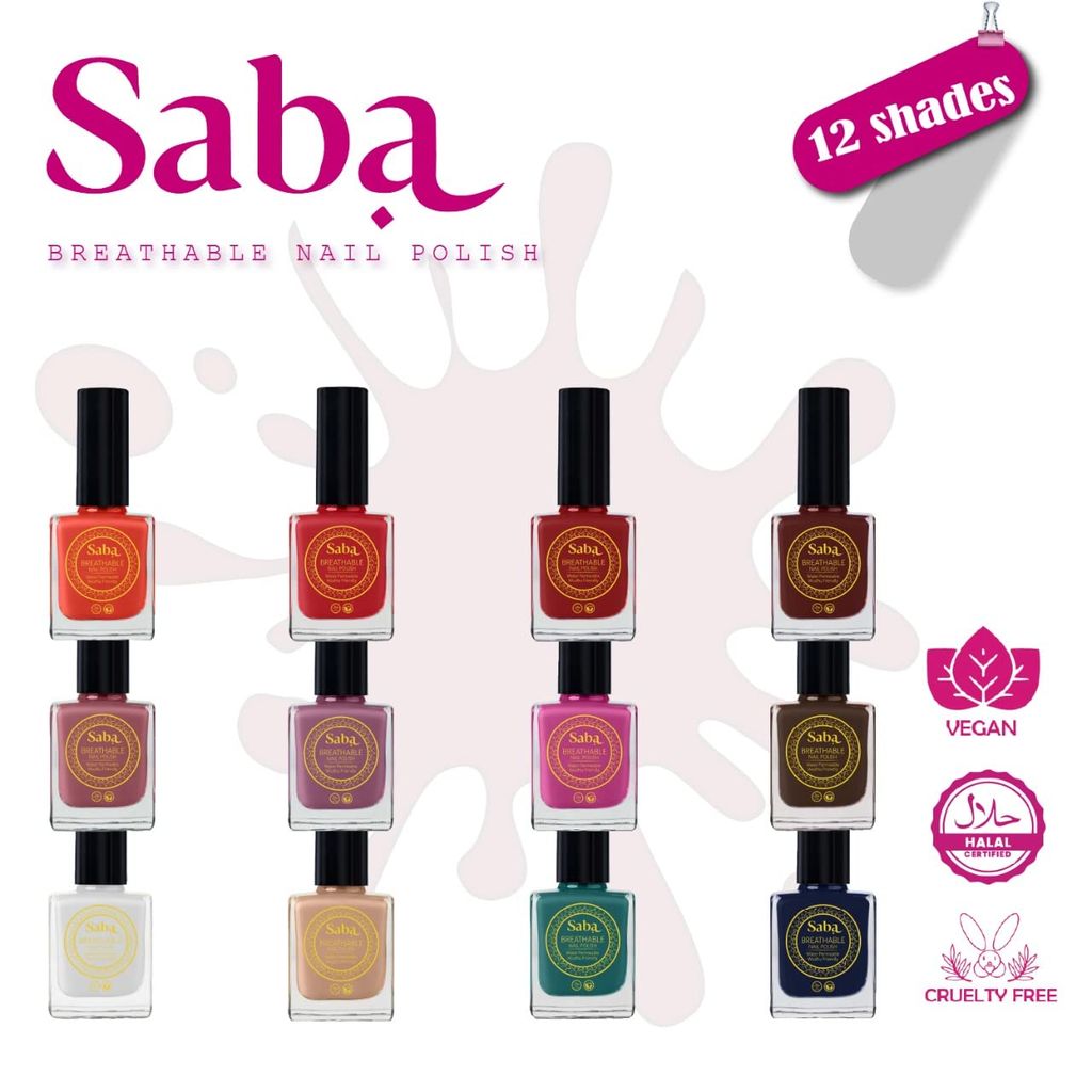 Saba Breathable Nail Polish 12 ml, High Glossy Shine Finish, No Chip, Long lasting Polish, Water Permeable, No harmful chemicals, Vegan, Cruelty Free, Halal Certified, No Toxin, Quick Dry