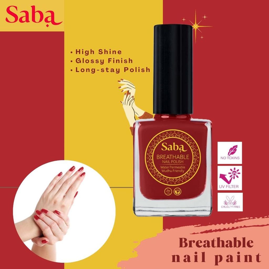 Saba Breathable Nail Polish 12 ml, High Glossy Shine Finish, No Chip, Long lasting Polish, Water Permeable, No harmful chemicals, Vegan, Cruelty Free, Halal Certified, No Toxin, Quick Dry