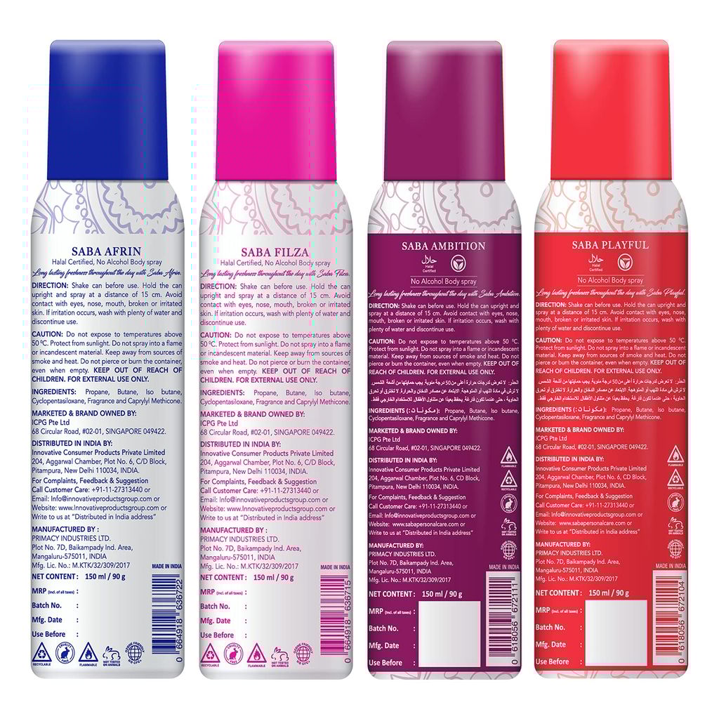 Saba Deodorant No Alcohol Body Spray Pack of 4