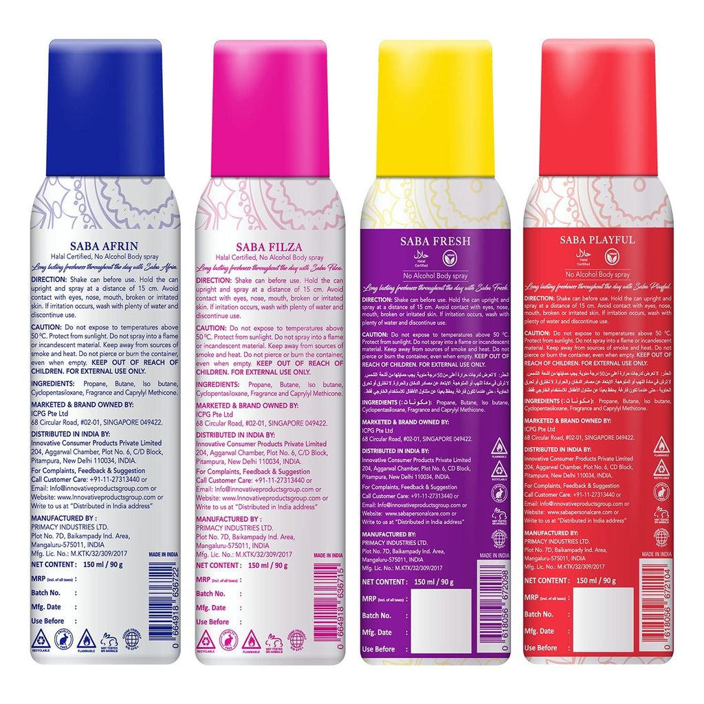 Saba Deodorant No Alcohol Body Spray Pack of 4