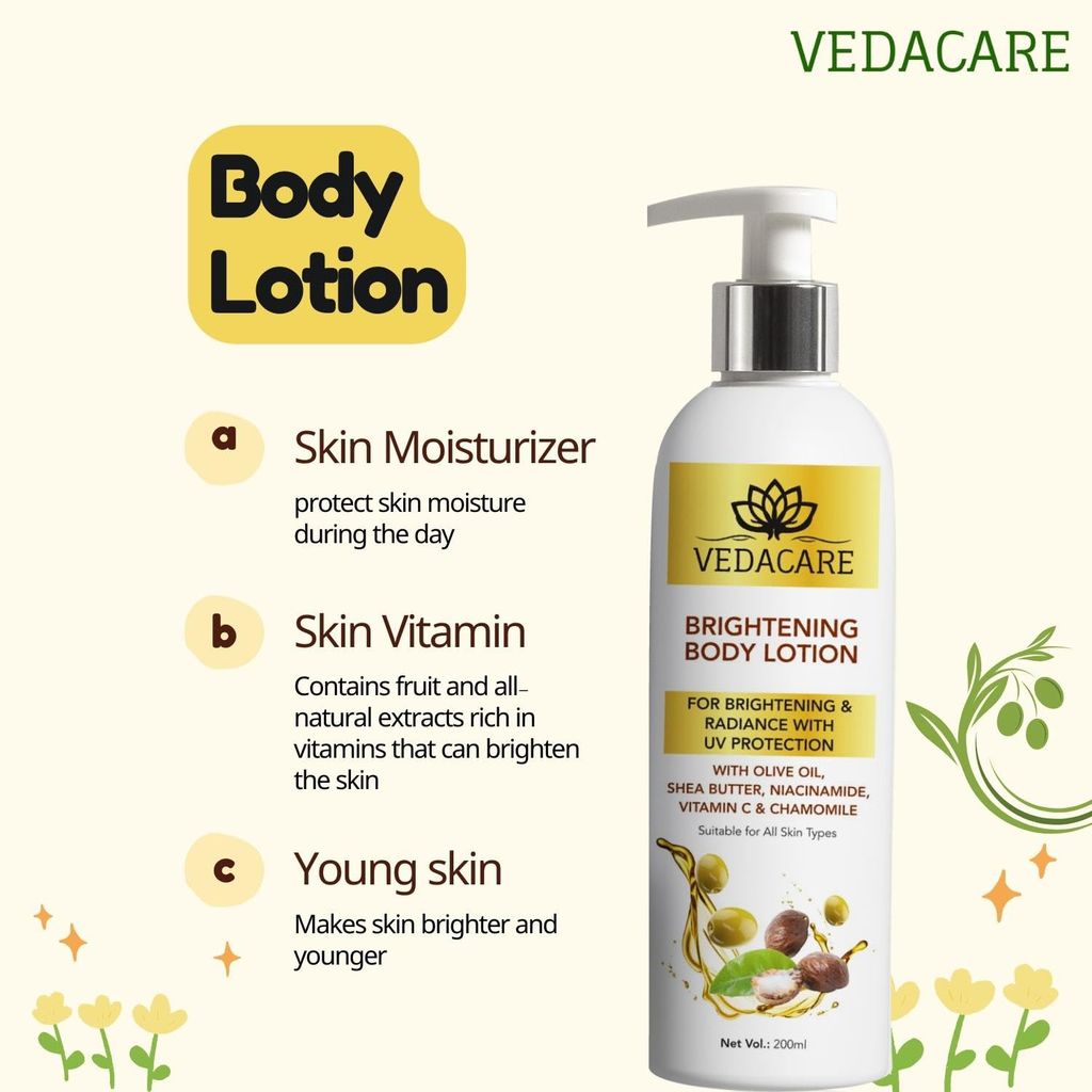 Vedacare Brightening Body Lotion 200 ml - With Niacinamide, Olive Oil, Shea butter, Vitamin C & Chamomile - for Fairness, brightening, moisturizing, Sun protection, Hyperpigmentation