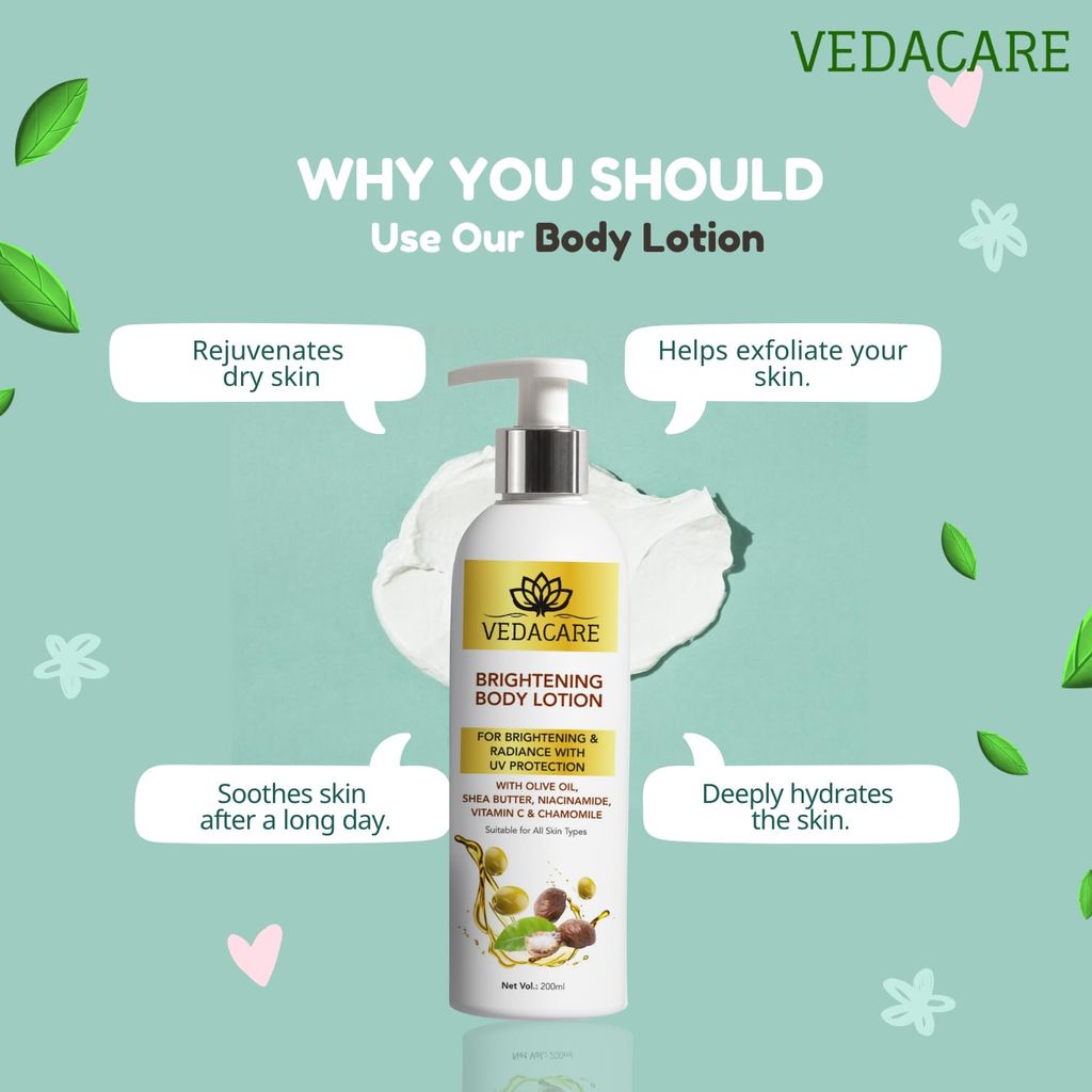 Vedacare Brightening Body Lotion 200 ml - With Niacinamide, Olive Oil, Shea butter, Vitamin C & Chamomile - for Fairness, brightening, moisturizing, Sun protection, Hyperpigmentation