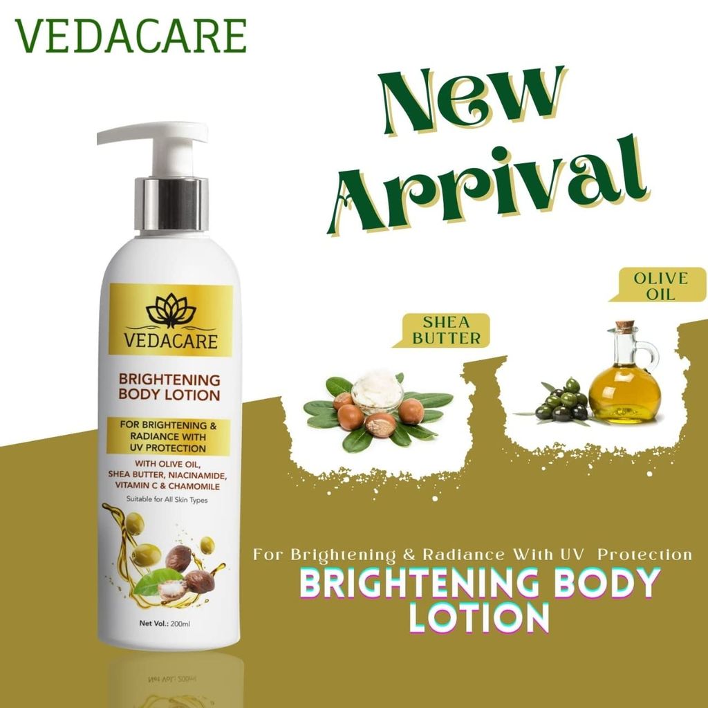 Vedacare Brightening Body Lotion 200 ml - With Niacinamide, Olive Oil, Shea butter, Vitamin C & Chamomile - for Fairness, brightening, moisturizing, Sun protection, Hyperpigmentation