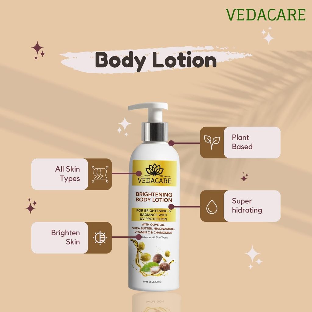 Vedacare Brightening Body Lotion 200 ml - With Niacinamide, Olive Oil, Shea butter, Vitamin C & Chamomile - for Fairness, brightening, moisturizing, Sun protection, Hyperpigmentation