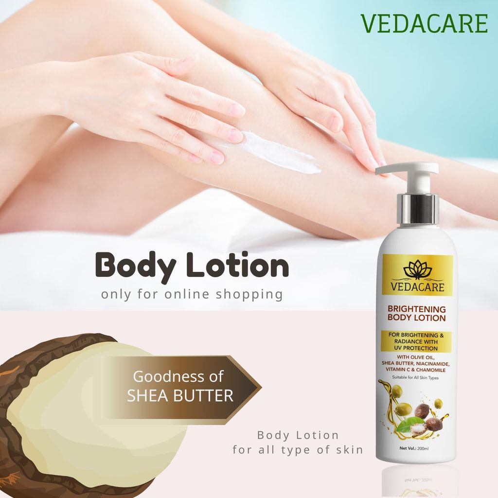 Vedacare Brightening Body Lotion 200 ml - With Niacinamide, Olive Oil, Shea butter, Vitamin C & Chamomile - for Fairness, brightening, moisturizing, Sun protection, Hyperpigmentation