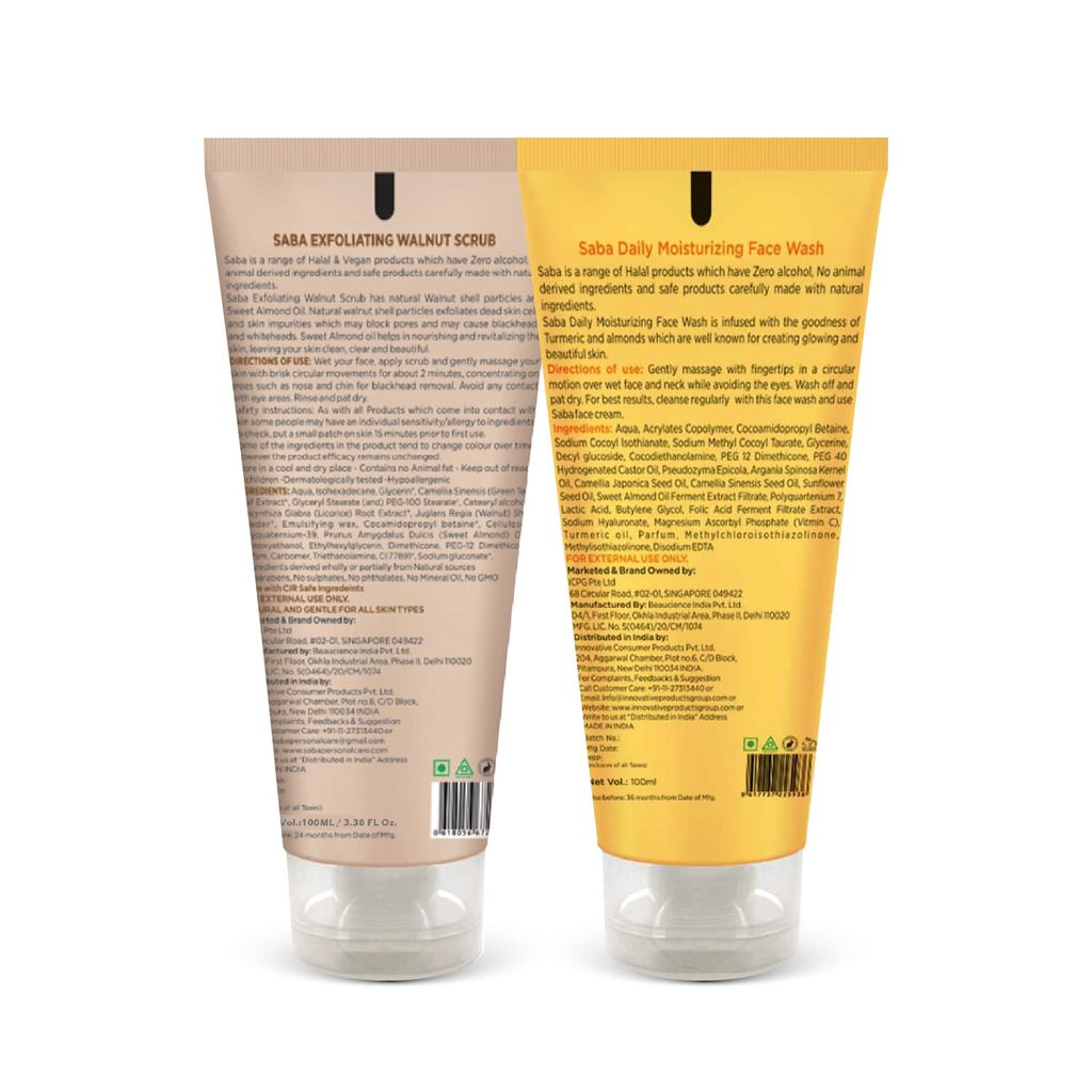 Saba Exfoliating Walnut Scrub & Saba Daily Moisturizing Face Wash | Face Care Combo | All Skin Types | 100 ml Each | Pack Of 2