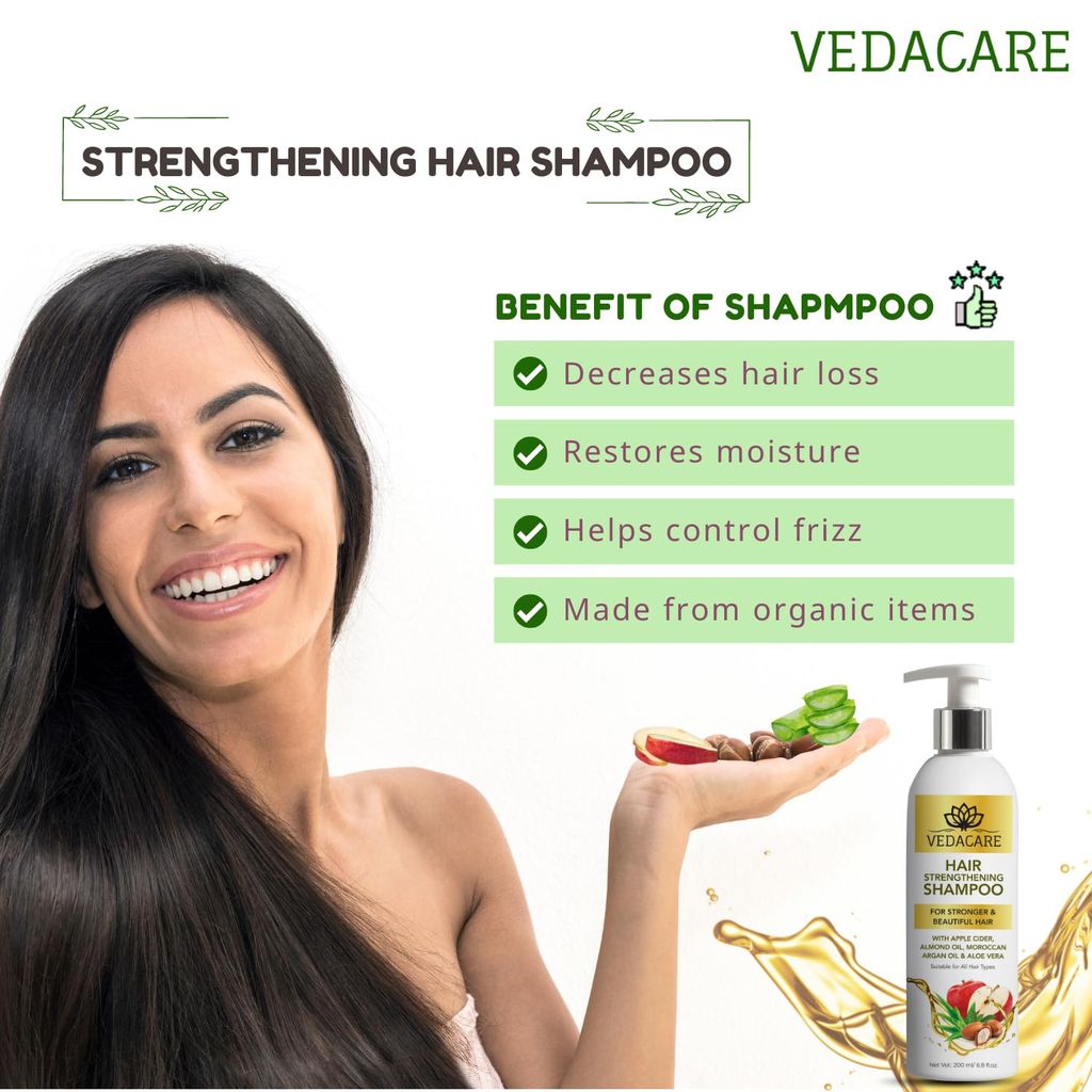 Vedacare hair Strengthening Shampoo with Apple Cider, Almond Oil, Moroccan Argan Oil & Aloe Vera