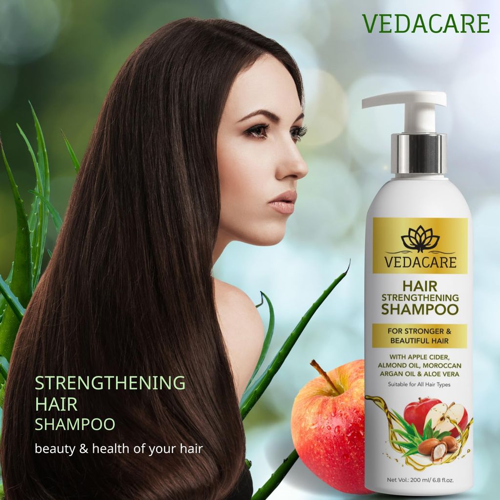 Vedacare hair Strengthening Shampoo with Apple Cider, Almond Oil, Moroccan Argan Oil & Aloe Vera