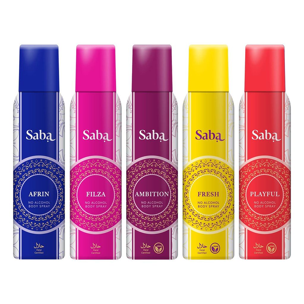 SABA Afrin Filza Ambition Fresh Playful Perfume Halal Body Spray Deodorant For Women|150ml-Pack of 5