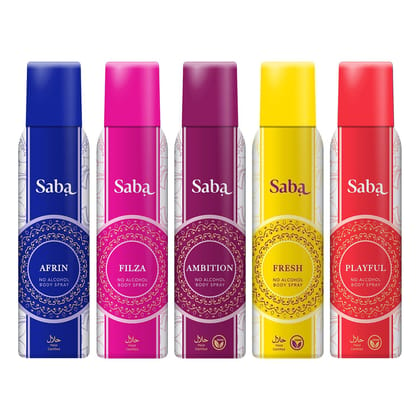 SABA Afrin Filza Ambition Fresh Playful Perfume Halal Body Spray Deodorant For Women|150ml-Pack of 5