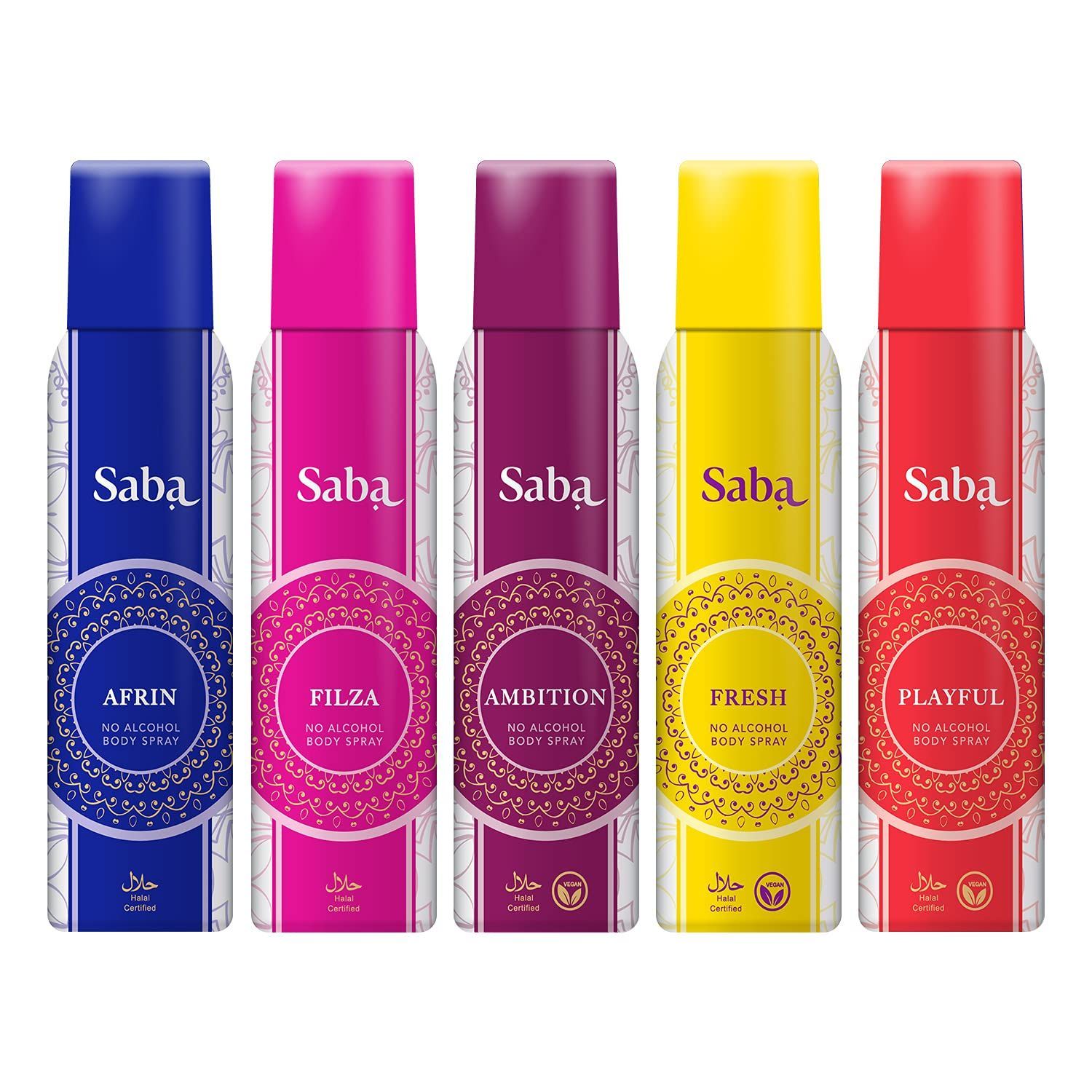 SABA Afrin Filza Ambition Fresh Playful Perfume Halal Body Spray Deodorant For Women|150ml-Pack of 5