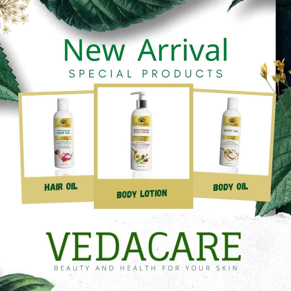 Vedacare Body Oil - for natural brightness, No Mineral oil, non greasy, Contains Olive oil, Sesame oil, Coconut, Sunflower, Natural Moisturization