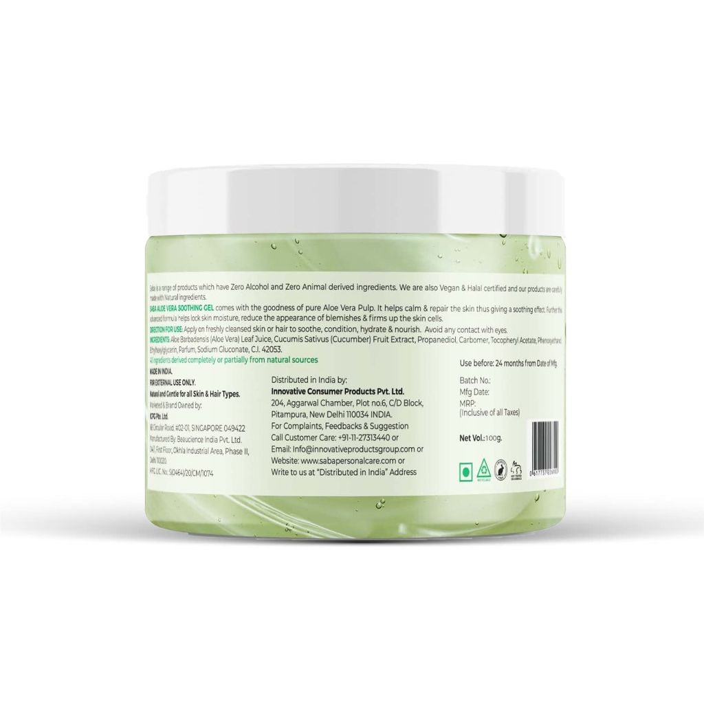 Saba Pure Aloe Vera Gel Enriched With Vitamin E for Acne, Scars, Glowing & Radiant Skin, Moisturization, after sun, Hair application, Natural Face care, 100gm