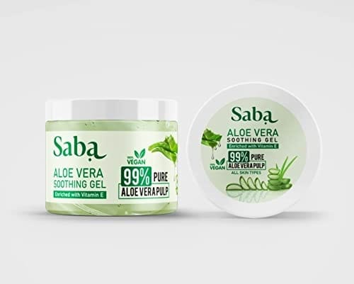 Saba 99% Natural Pure & Organic Aloe Vera Gel Non Sticky Multi Purpose Face, Skin and Hair - Vegan, Sun burn relief, Hydrating Moisturizing 260 gm (Paraben free)