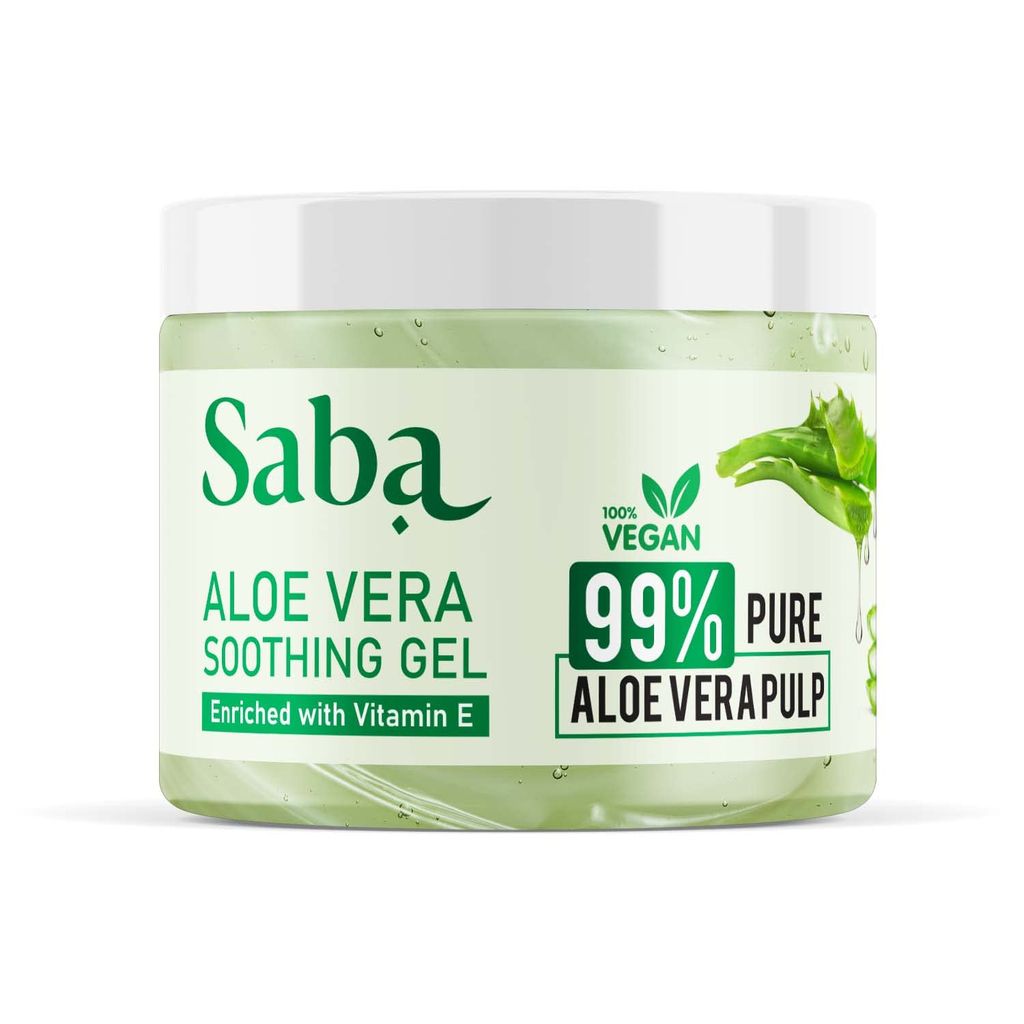 Saba Pure Aloe Vera Gel Enriched With Vitamin E for Acne, Scars, Glowing & Radiant Skin, Moisturization, after sun, Hair application, Natural Face care, 100gm