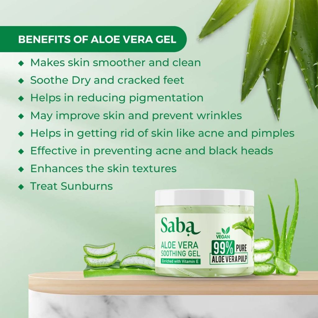 Saba Pure Aloe Vera Gel Enriched With Vitamin E for Acne, Scars, Glowing & Radiant Skin, Moisturization, after sun, Hair application, Natural Face care, 100gm
