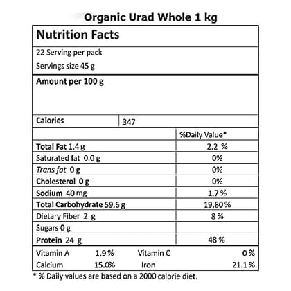 Just Organik Urad Whole (Black Dal)  500g, 100% Organic