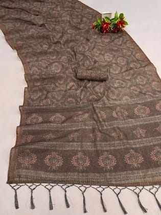 Chanderi Digital printed Saree with Crochet Sequence Work(Embroidery Work) (COLOR - BROWN SHADE)