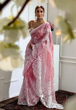 Heavy Embroidery Work Net Saree (Color - Pink)