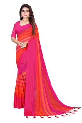 Printed Crochet Work Embroidery Work Saree with Sparate Zari Work Blouse for Woman (Color- Rani)