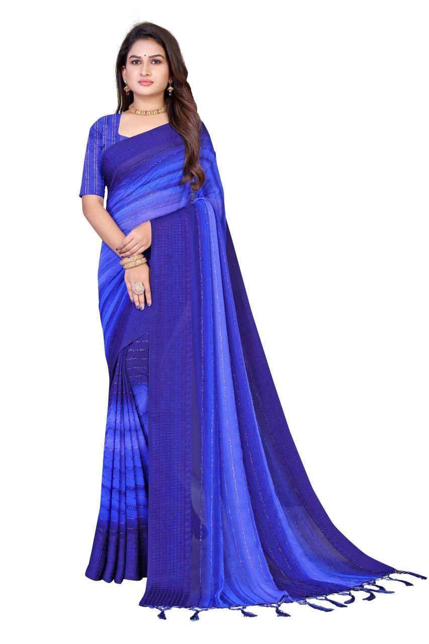 Printed Crochet Work Embroidery Work Saree With Separate Zari Work Blouse For Woman (Color - Blue)