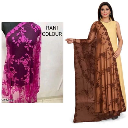 Kaaj Buttons Women's Net Fabric Embroidery Floral Work Combo Dupatta (Color :- Rani -Pink & Brown)