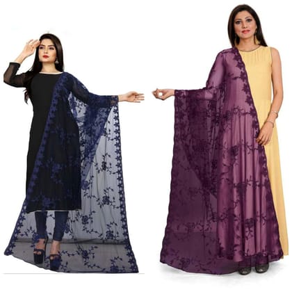 Kaaj Buttons Women's Net Fabric Embroidery Floral Work Combo Dupatta (Color :- Navy-Blue & Purple)