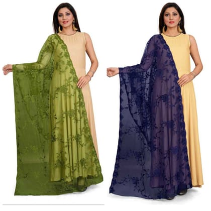 Kaaj Buttons Women's Net Fabric Embroidery Floral Work Combo Dupatta (Color :- Mehndi & Blue)