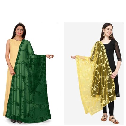 Kaaj Buttons Women's Net Fabric Embroidery Floral Work Combo Dupatta (Color :- Green & Yellow)