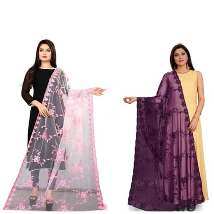 Kaaj Buttons Women's Net Fabric Embroidery Floral Work Combo Dupatta (Color :- Pink & Purple)