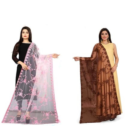 Kaaj Buttons Women's Net Fabric Embroidery Floral Work Combo Dupatta (Color :- Pink & Brown)
