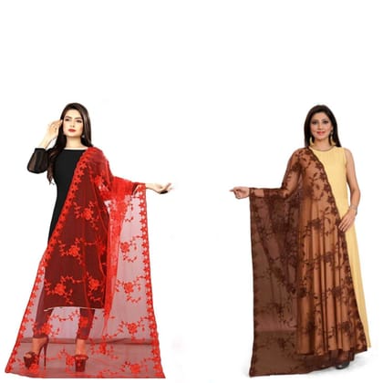 Kaaj Buttons Women's Net Fabric Embroidery Floral Work Combo Dupatta (Color :- Red & Brown)