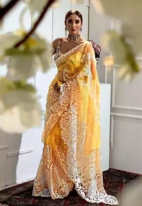 Heavy Embroidery Work Net Saree (Color - Yellow)