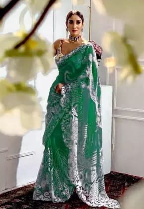 Heavy Embroidery Work Net Saree (Color - Green)