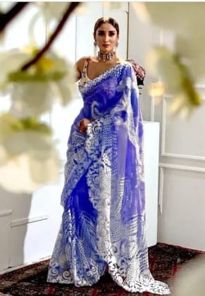 Heavy Embroidery Work Net Saree (Color - Blue)