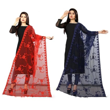 Kaaj Buttons Women's Net Fabric Embroidery Floral Work Combo Dupatta (Color :- Red & Navy-Blue)
