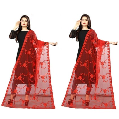 Kaaj Buttons Women's Net Fabric Embroidery Floral Work Combo Dupatta (Color :- Red & Red)