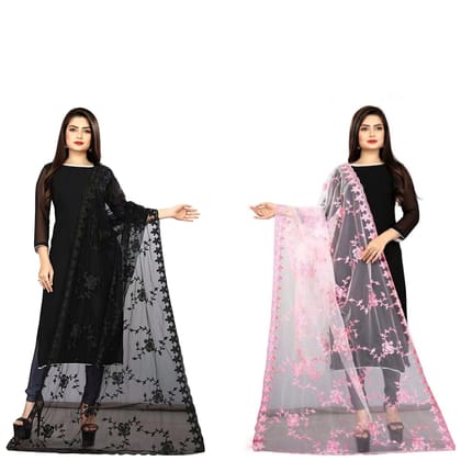 Kaaj Buttons Women's Net Fabric Embroidery Floral Work Combo Dupatta (Color :- Black & Pink)