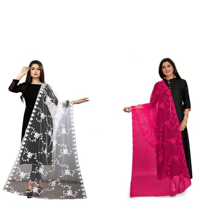 Kaaj Buttons Women's Net Fabric Embroidery Floral Work Combo Dupatta (Color :- White & Rani-Pink)