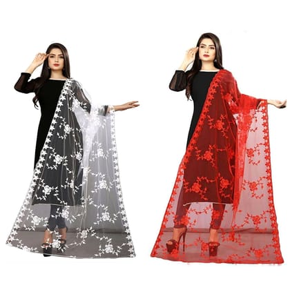 Kaaj Buttons Women's Net Fabric Embroidery Floral Work Combo Dupatta (Color :- White & Red)