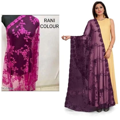Kaaj Buttons Women's Net Fabric Embroidery Floral Work Combo Dupatta (Color :- Rani -Pink & Purple)