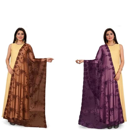 Kaaj Buttons Women's Net Fabric Embroidery Floral Work Combo Dupatta (Color :- Brown & Purple)