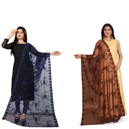 Kaaj Buttons Women's Net Fabric Embroidery Floral Work Combo Dupatta (Color :- Navy-Blue & Brown)