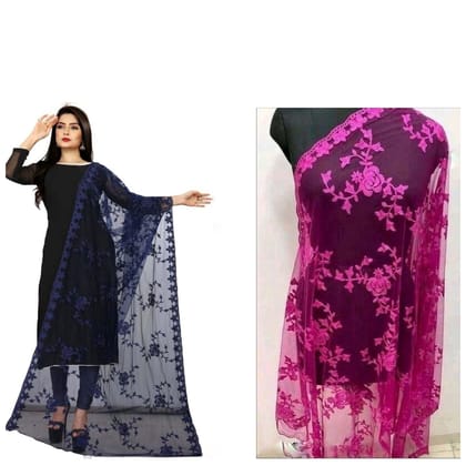 Kaaj Buttons Women's Net Fabric Embroidery Floral Work Combo Dupatta (Color :- Navy-Blue & Rani-Pink)