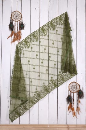 Women Net Embroidered Fancy Cut Work Dupatta (Color :- Mehndi)